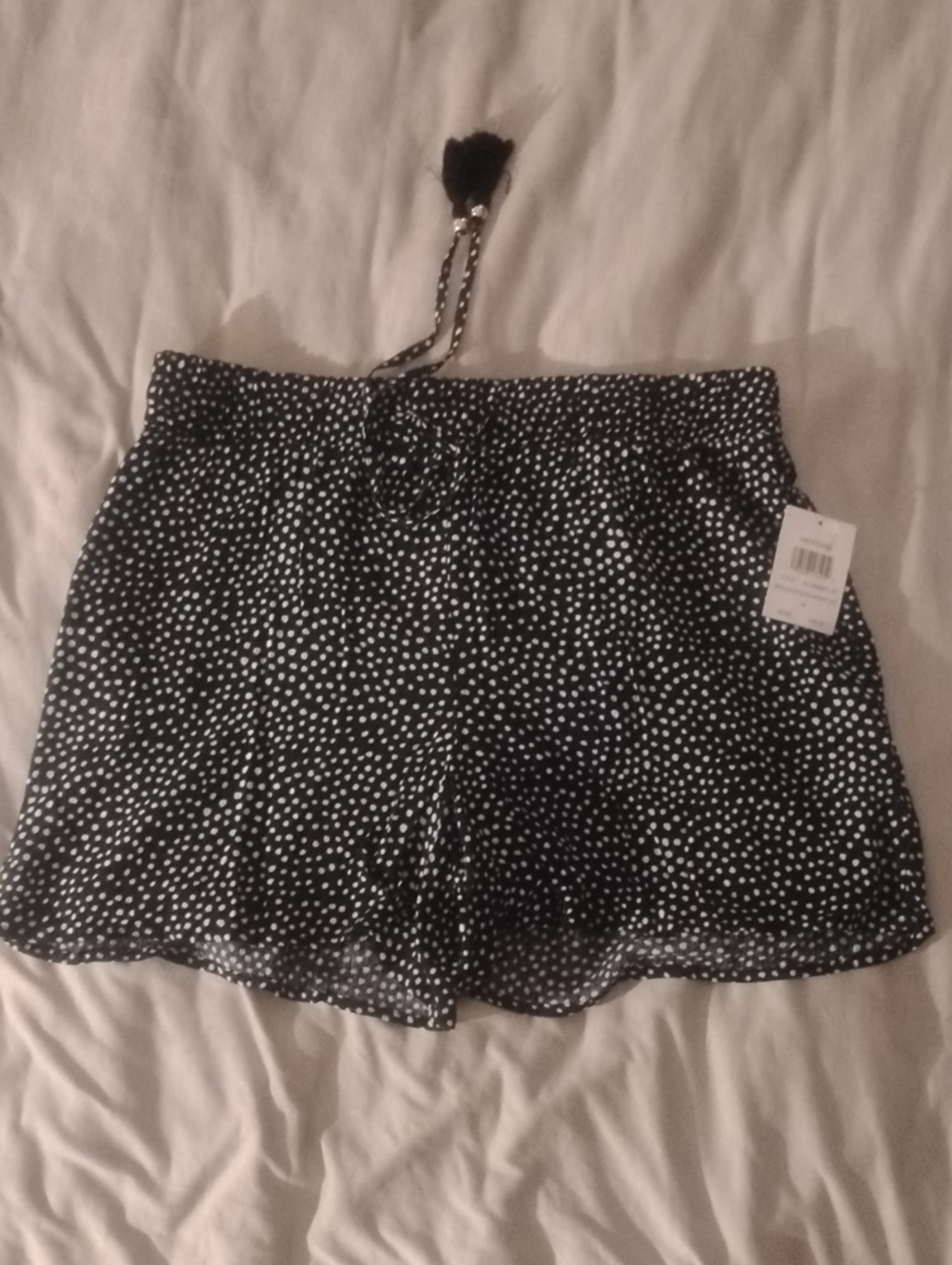 Women's High-Waist Black Polka Dot Shorts with Drawstring